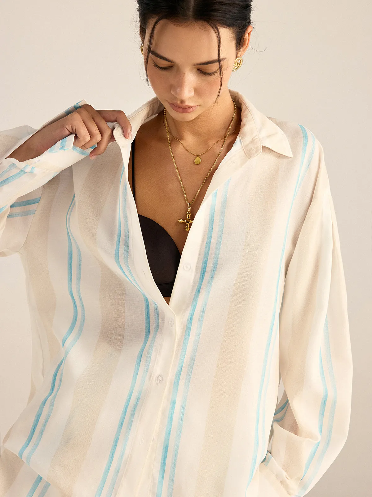 Color-Block Striped Oversized Shirt and Shorts Set sold by COMMENSE product image thumbnail 5