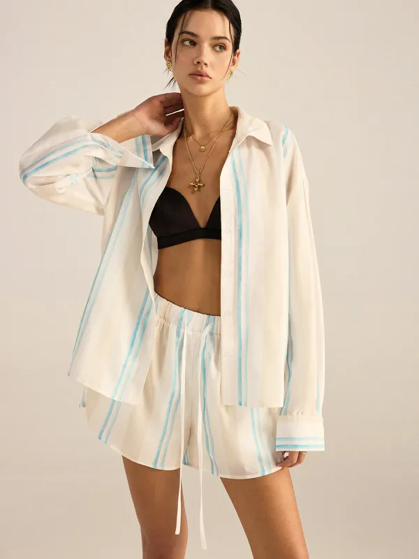 Color-Block Striped Oversized Shirt and Shorts Set sold by COMMENSE