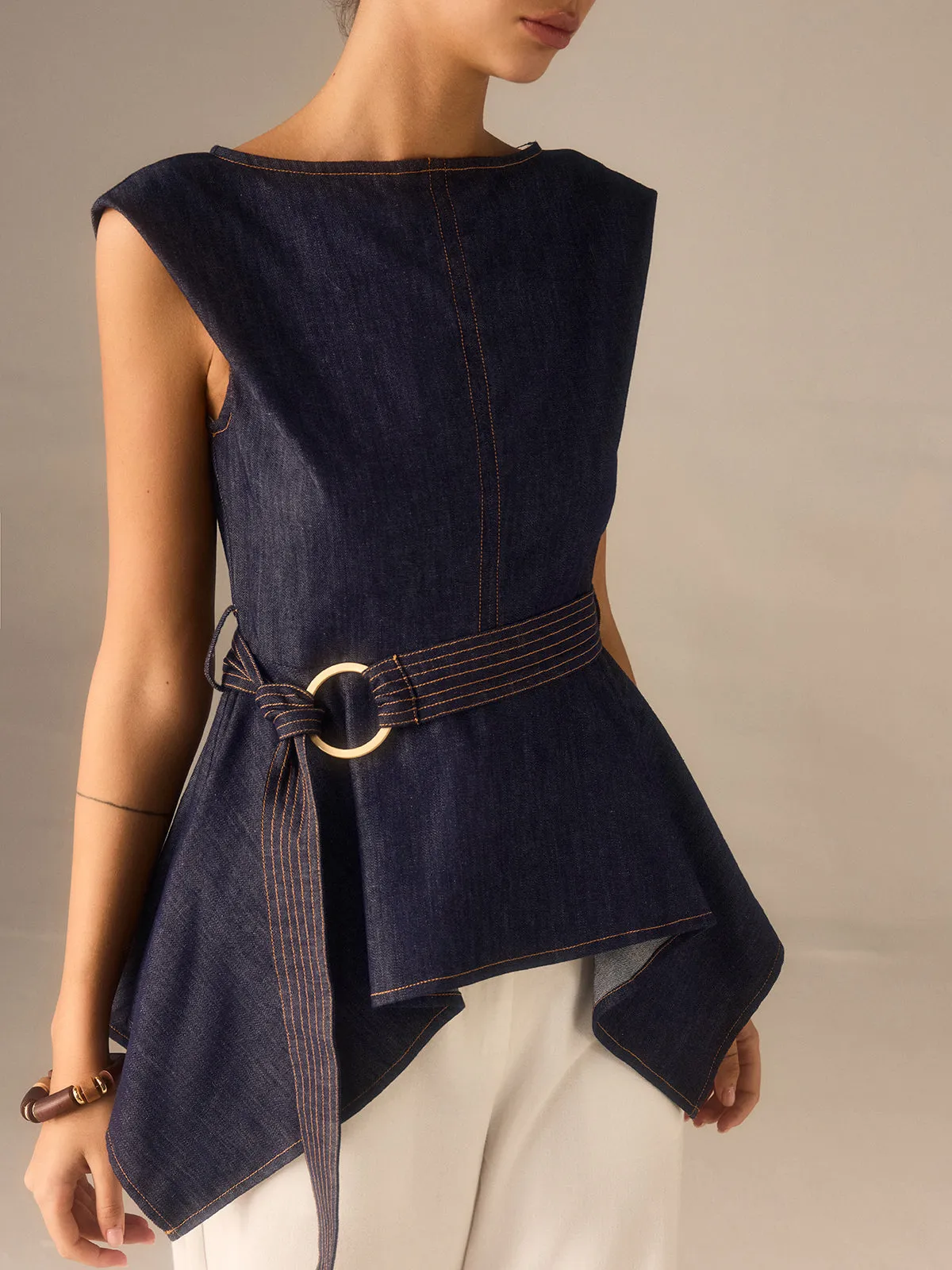 Denim Peplum Belted Top with Asymmetric Hem sold by COMMENSE product image thumbnail 5