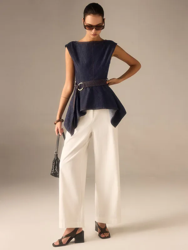 Denim Peplum Belted Top with Asymmetric Hem sold by COMMENSE