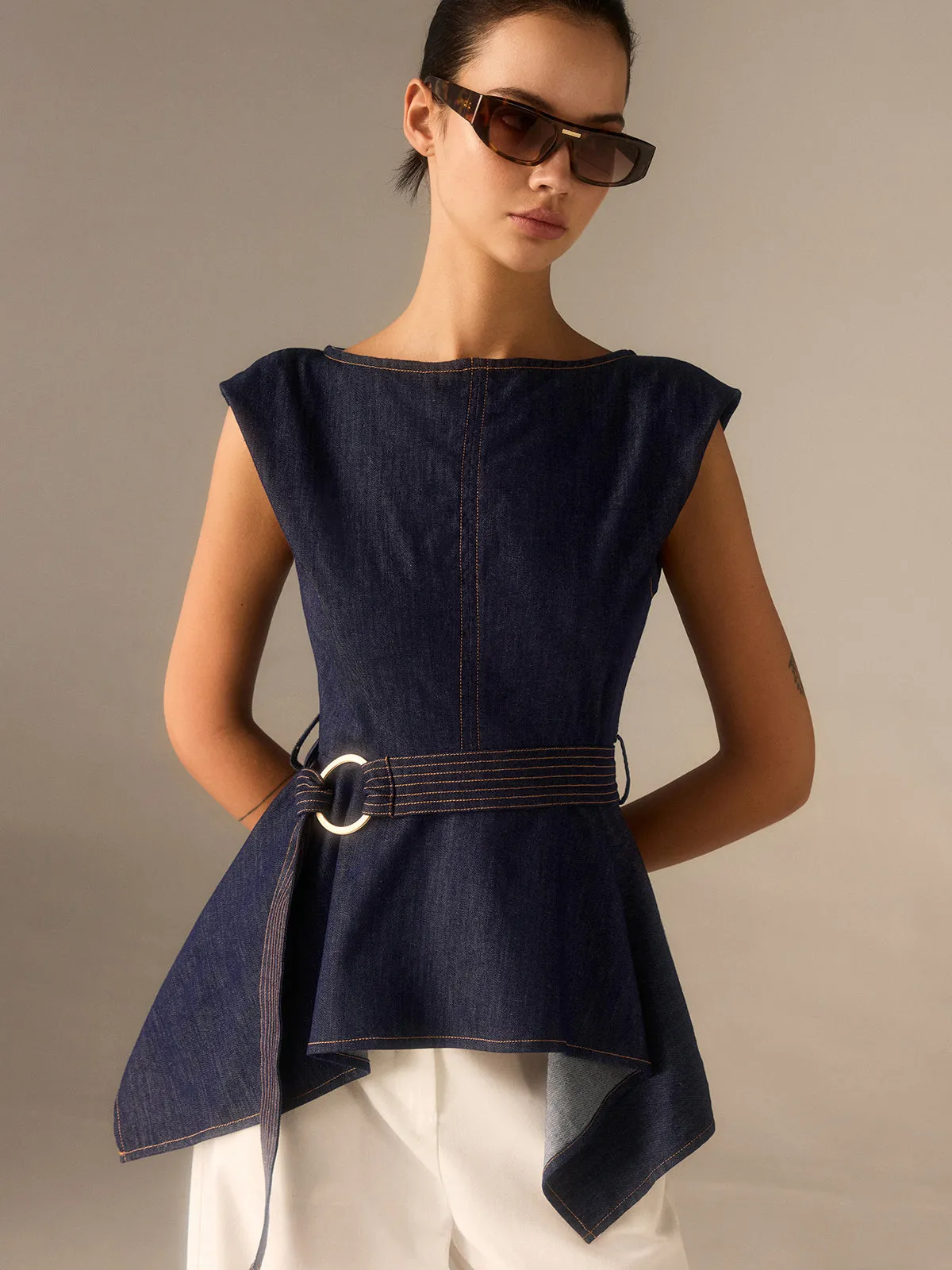 Denim Peplum Belted Top with Asymmetric Hem sold by COMMENSE product image thumbnail 4