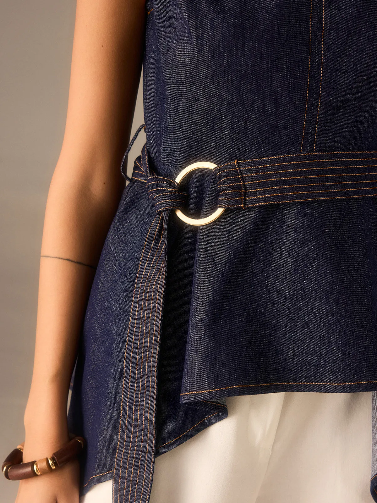Denim Peplum Belted Top with Asymmetric Hem sold by COMMENSE product image thumbnail 3