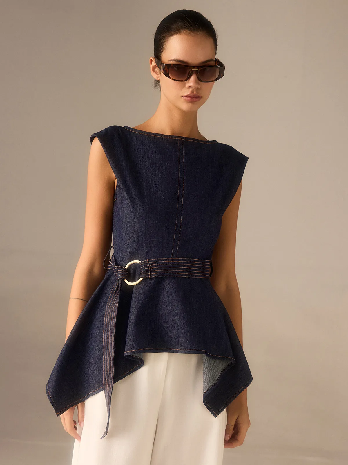 Denim Peplum Belted Top with Asymmetric Hem sold by COMMENSE product image thumbnail 2