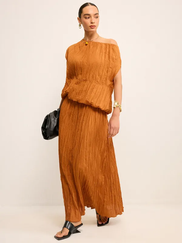 Oversized Textured Off-Shoulder Top and Maxi Skirt Set sold by COMMENSE