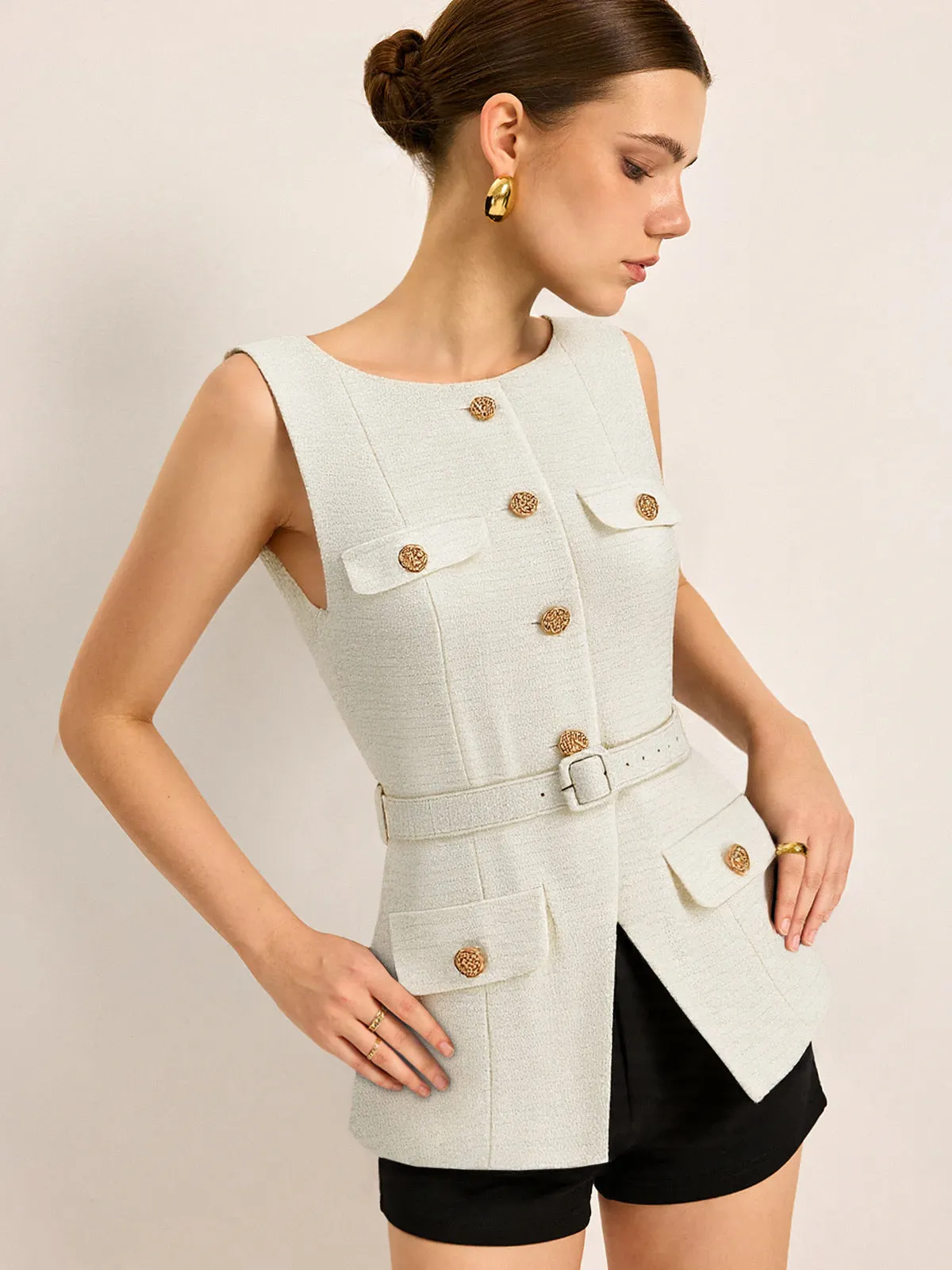 Belted Metal Button Sleeveless Vest sold by COMMENSE product image thumbnail 2