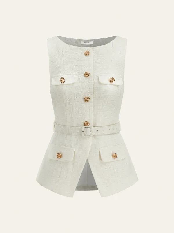 Belted Metal Button Sleeveless Vest sold by COMMENSE