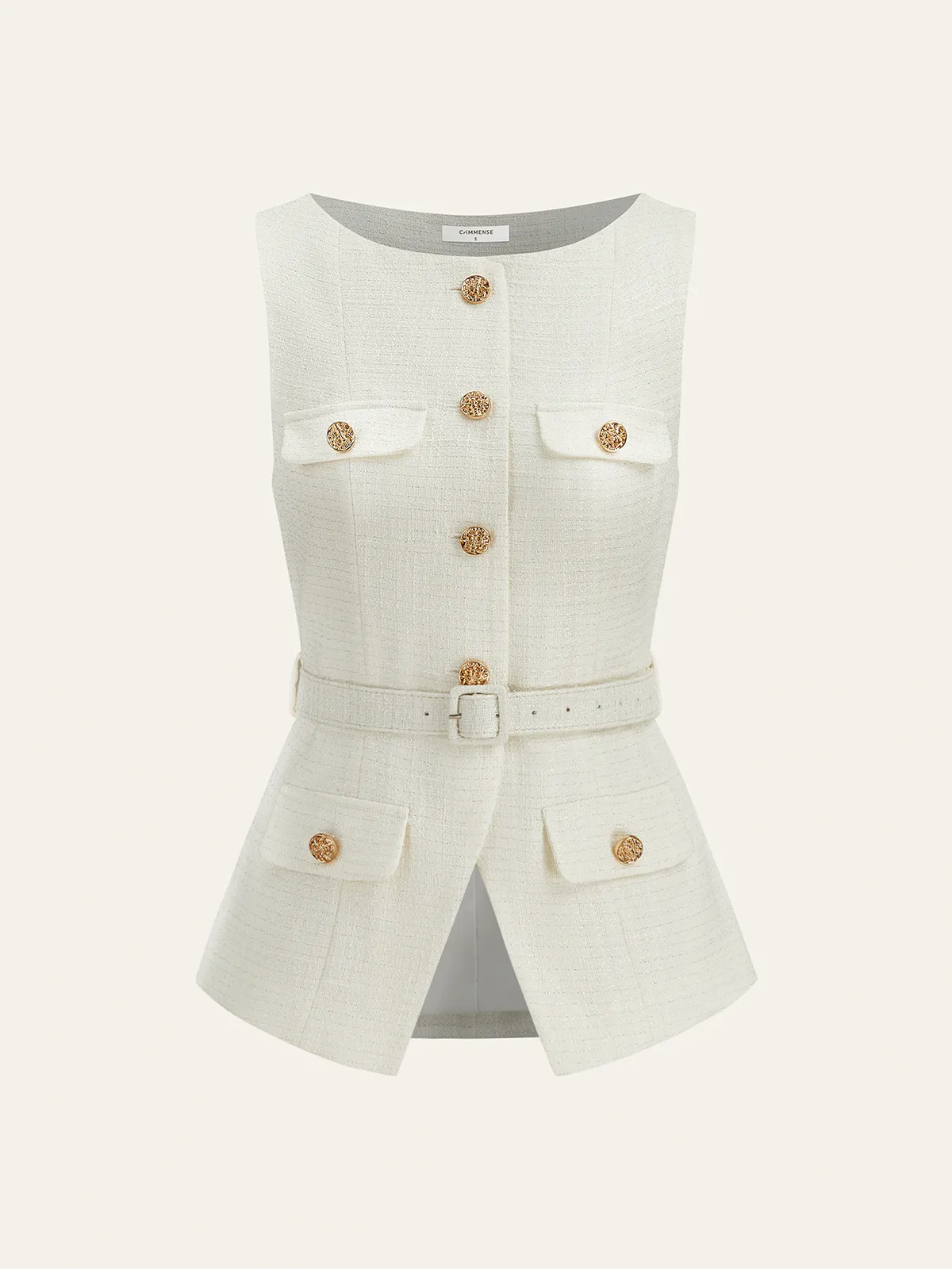 Belted Metal Button Sleeveless Vest sold by COMMENSE