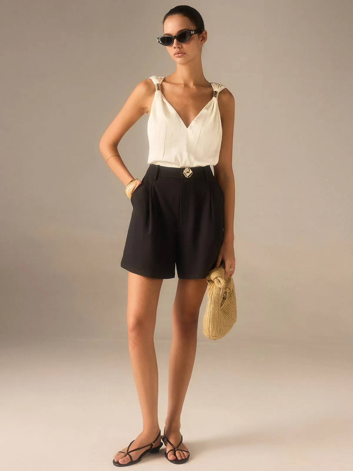 Satin Twist-Strap V-Neck Top with Metal Detail sold by COMMENSE product image thumbnail 2