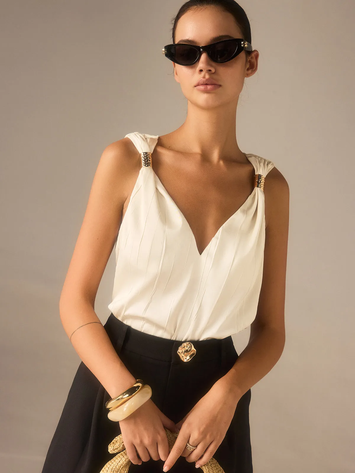 Satin Twist-Strap V-Neck Top with Metal Detail sold by COMMENSE product image thumbnail 4