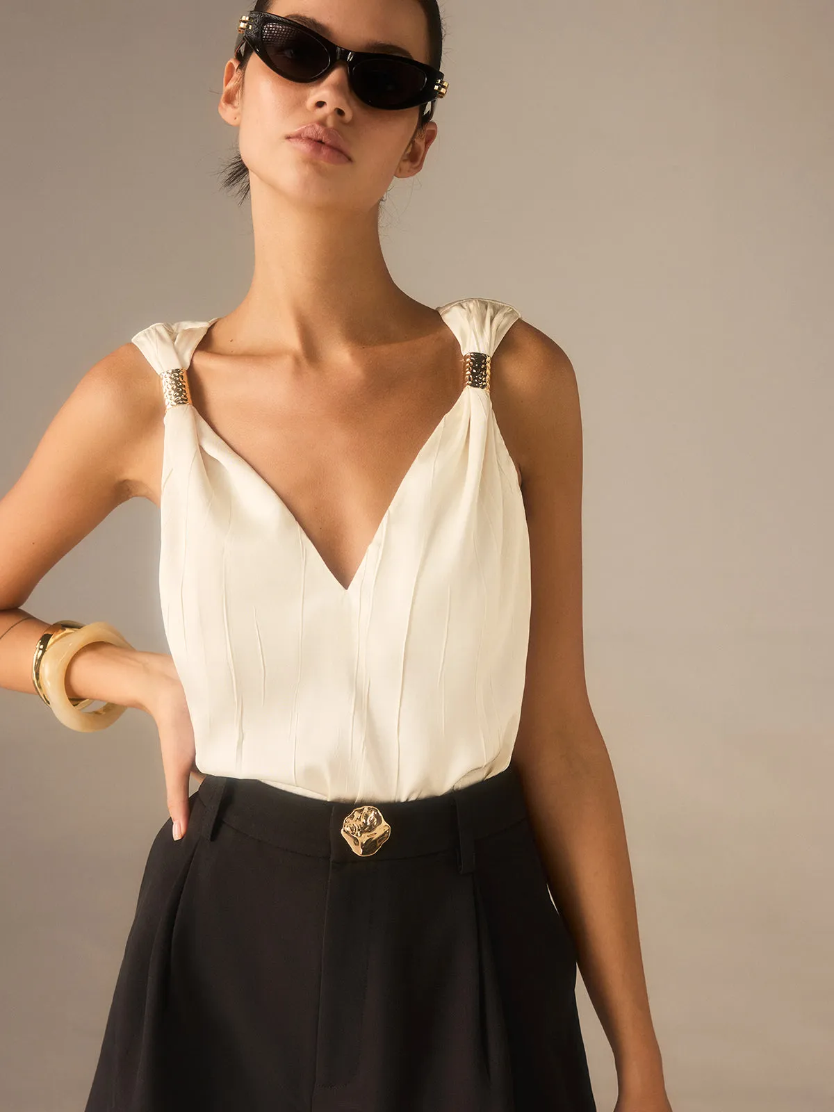 Satin Twist-Strap V-Neck Top with Metal Detail sold by COMMENSE product image thumbnail 3