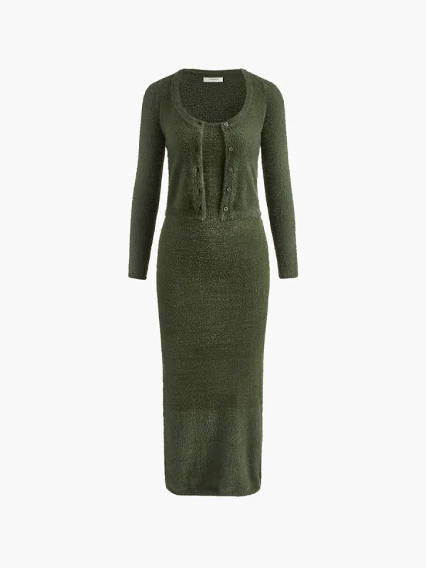 Plain Button Cardigan Cami Skirt Set sold by COMMENSE