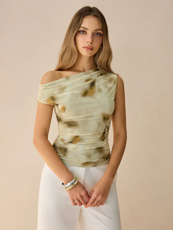One-Shoulder Ruched Print Top sold by COMMENSE