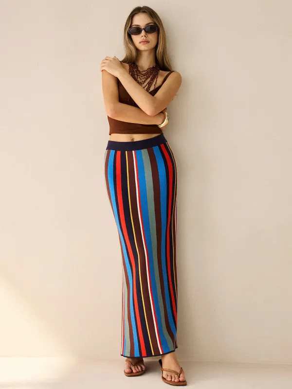Colorful Striped Knit Maxi Skirt sold by COMMENSE