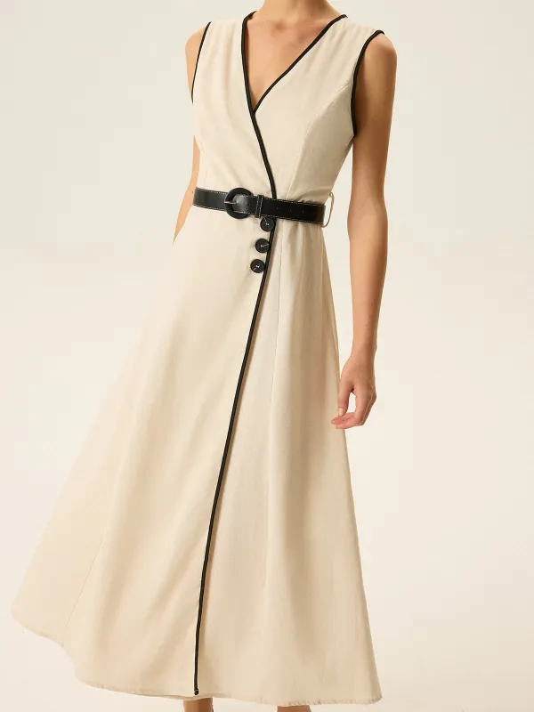 Contrast Trim Belted Midi Dress sold by COMMENSE