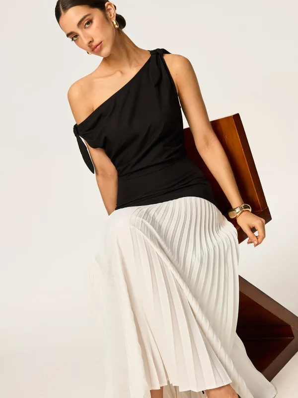 Asymmetric Pleated Maxi Dress with Bow Detail sold by COMMENSE