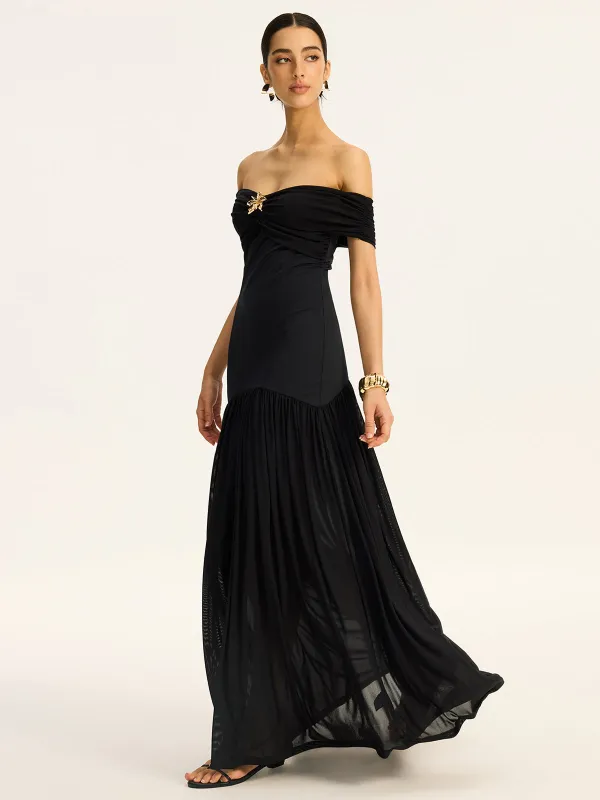 Semi-Sheer Off-Shoulder Ruched Mesh-Paneled Maxi Dress sold by COMMENSE