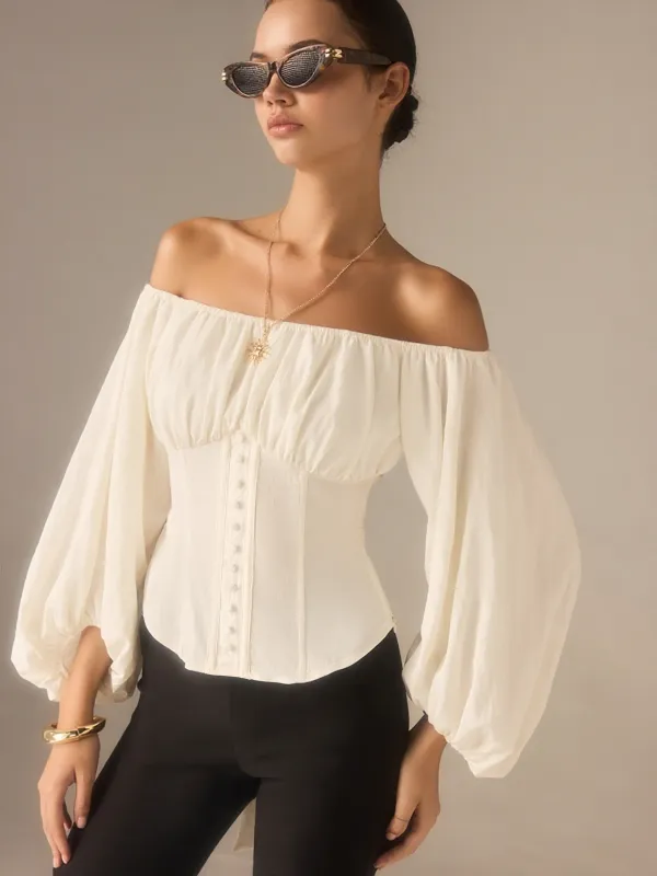 Off-Shoulder Lantern-Sleeve Top with Bow Back sold by COMMENSE
