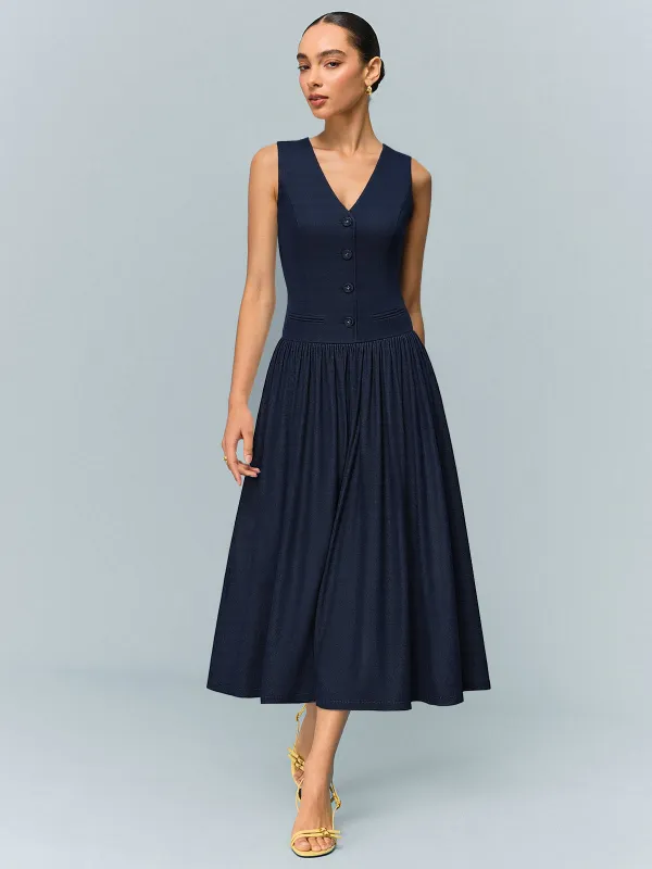 Denim V-Neck Ruched Midi Dress sold by COMMENSE