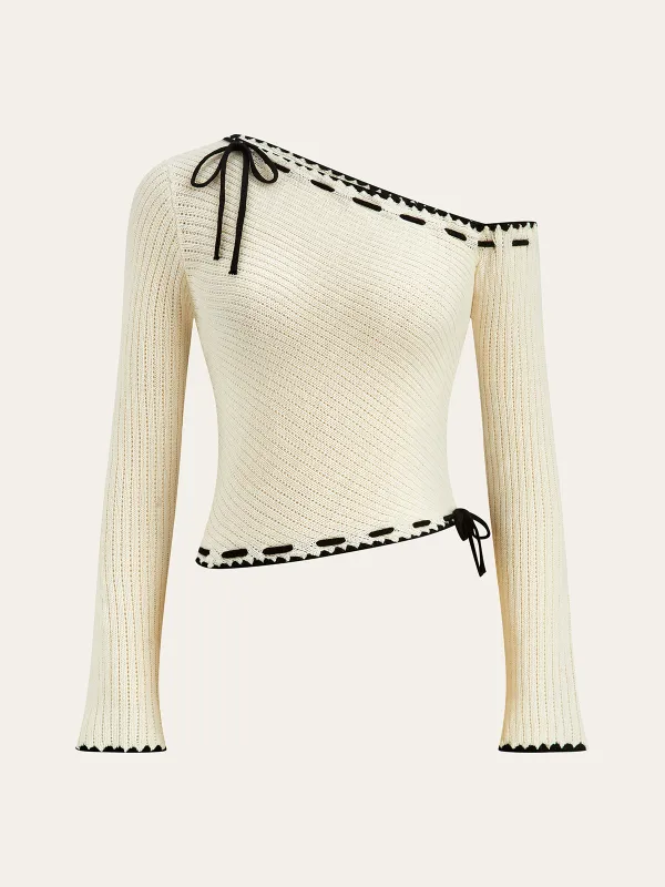 One-Shoulder Knit Top with Bow Detail sold by COMMENSE
