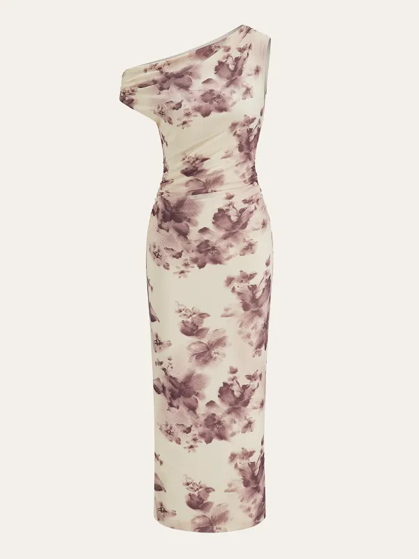 Semi-Sheer One-Shoulder Ruched Floral Print Midi Dress sold by COMMENSE