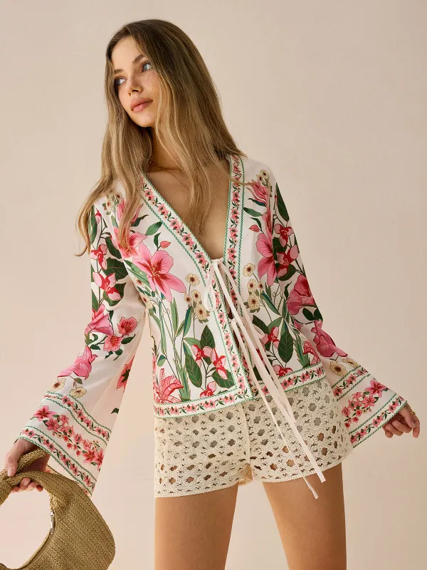 Floral Print Tie-Front Shirt sold by COMMENSE