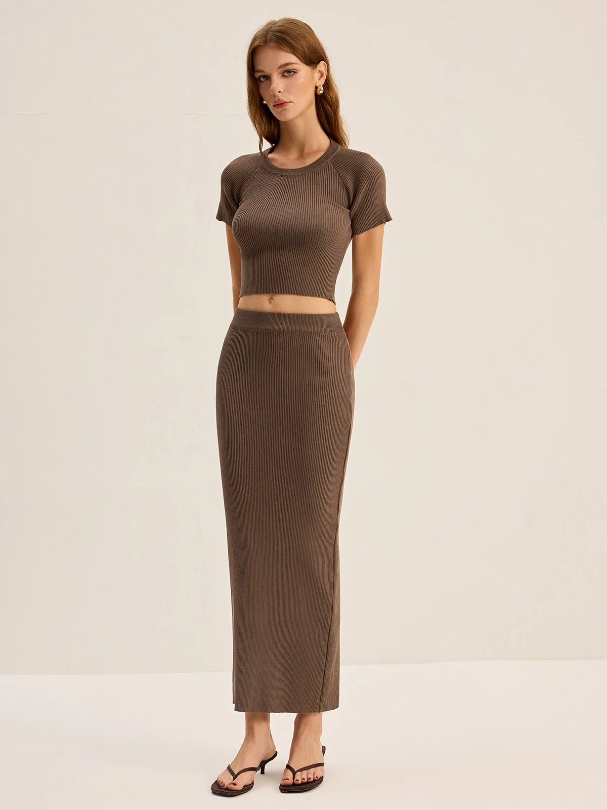 Knit Backless Short-Sleeve Top and Slit Midi Skirt Set sold by COMMENSE product image thumbnail 5