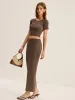 Knit Backless Short-Sleeve Top and Slit Midi Skirt Set sold by COMMENSE