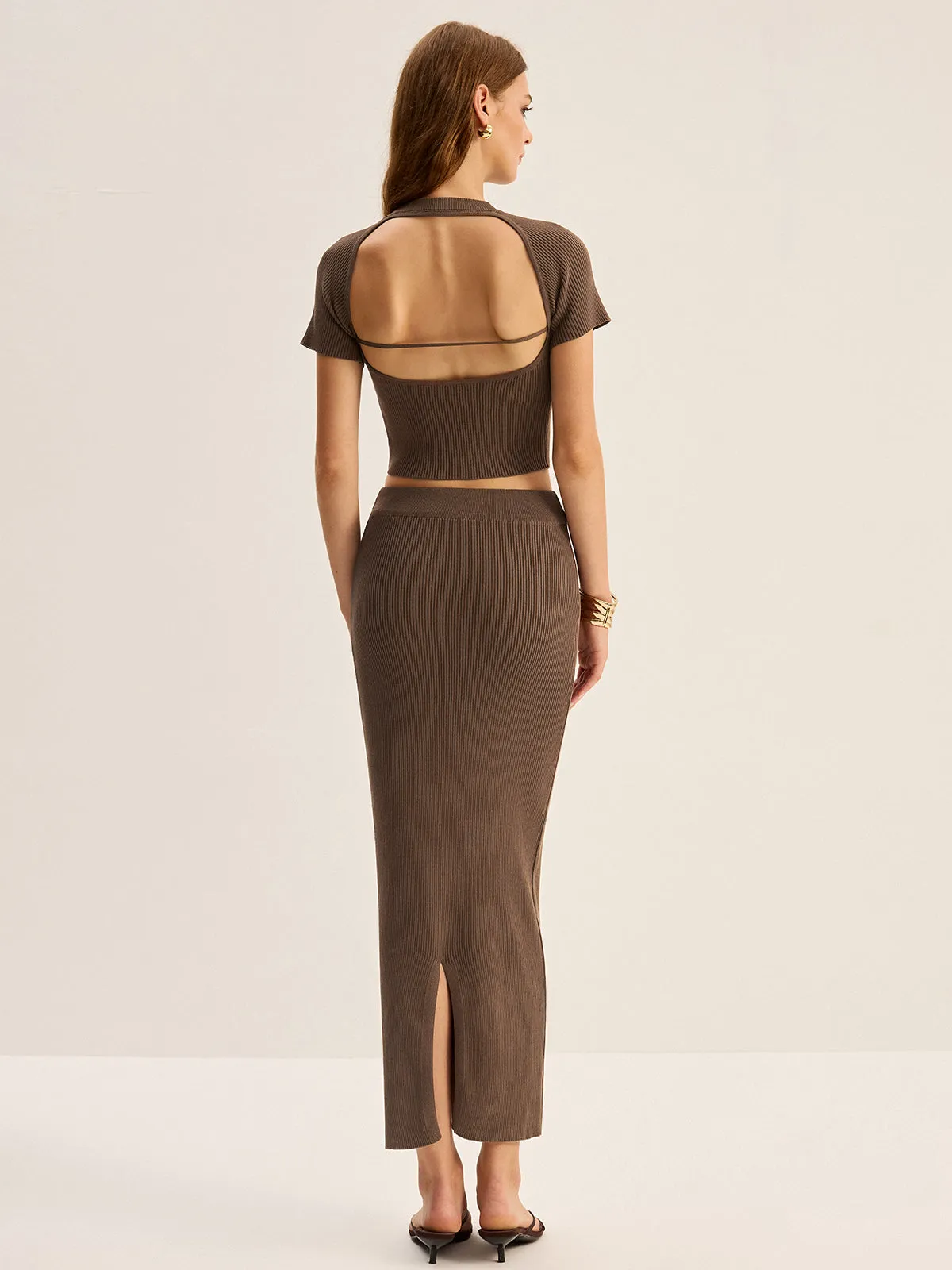 Knit Backless Short-Sleeve Top and Slit Midi Skirt Set sold by COMMENSE product image thumbnail 3