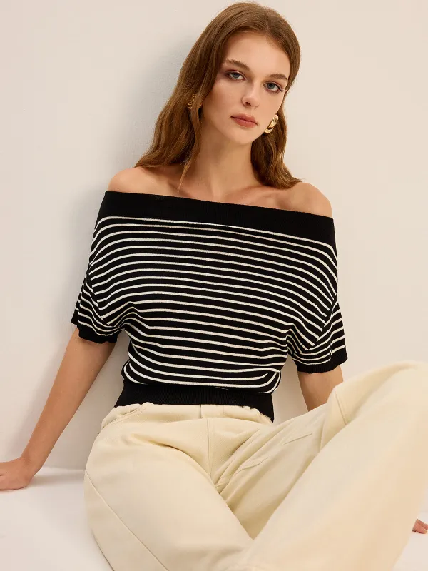 Striped Off-Shoulder Knit Top sold by COMMENSE