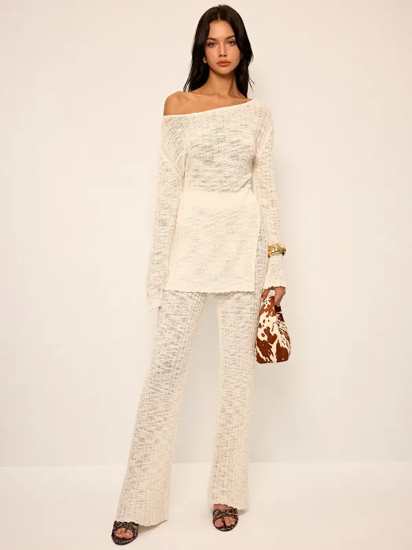 Off-Shoulder Sheer Knit Top and Flared Pants Set sold by COMMENSE