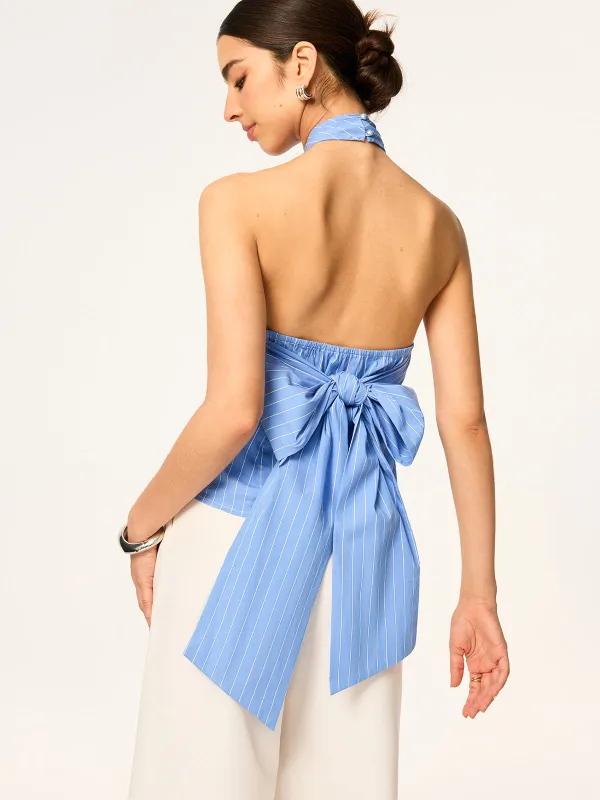 Crisscross Halter Neck Backless Bow Top made by COMMENSE