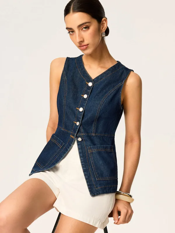 Denim Slim Button Sleeveless Vest sold by COMMENSE