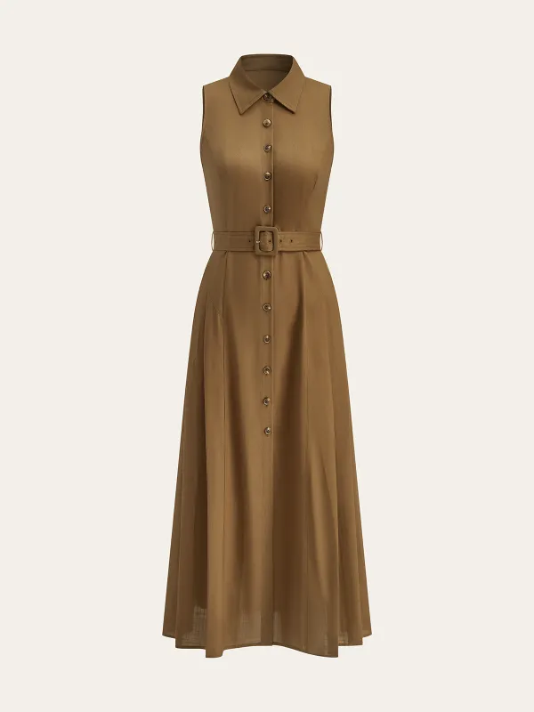 Belted Button Sleeveless Maxi Dress sold by COMMENSE