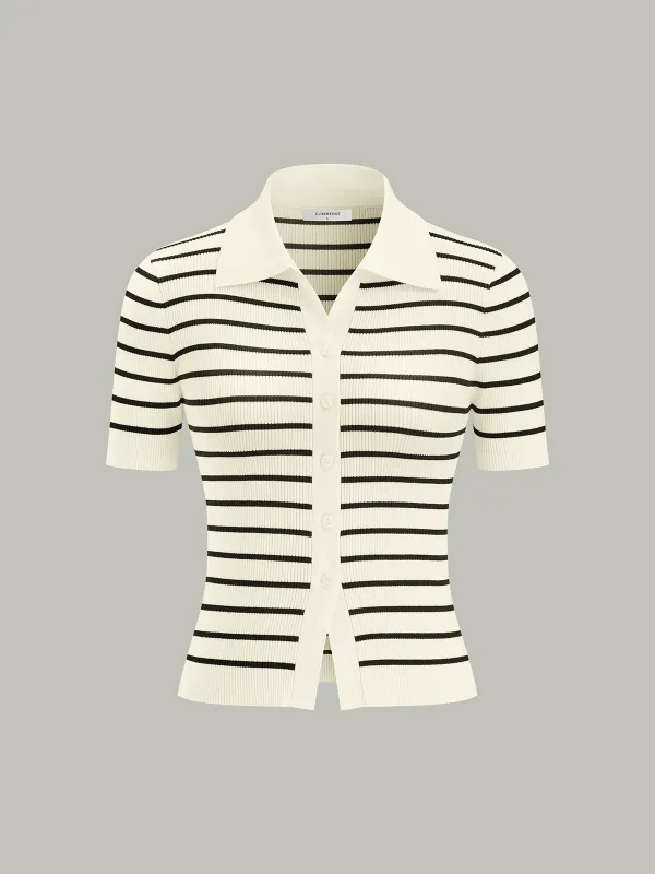 Striped Short-Sleeve Polo Collar Knit Cardigan sold by COMMENSE