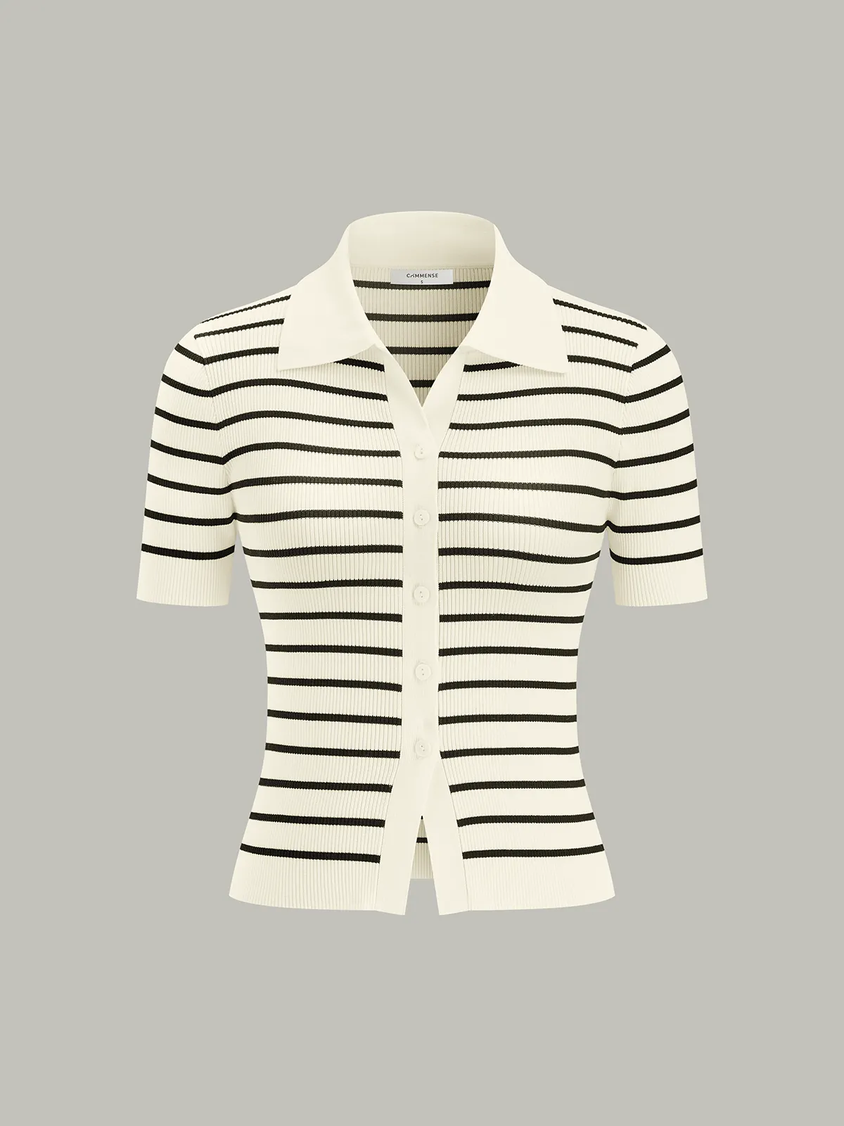 Striped Short-Sleeve Polo Collar Knit Cardigan sold by COMMENSE