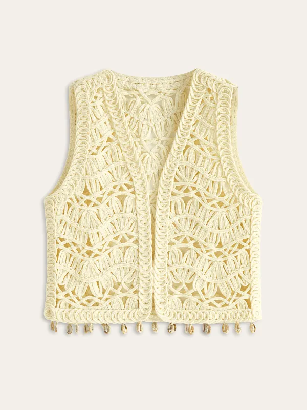 Shell Embellished Crochet Vest sold by COMMENSE