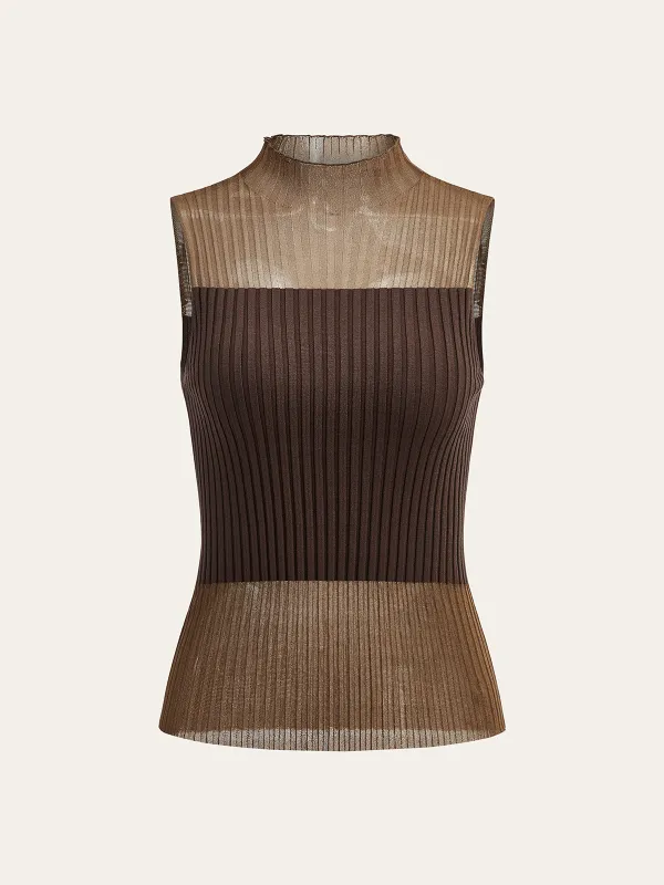 Mock Neck Sheer Paneled Sleeveless Top sold by COMMENSE