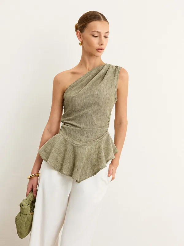 Asymmetrical One-Shoulder Top with Ruffle Hem sold by COMMENSE