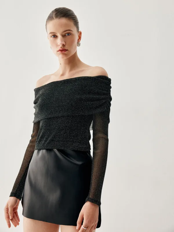 Sequin Overfold Off-Shoulder Mesh Crop Blouse sold by COMMENSE