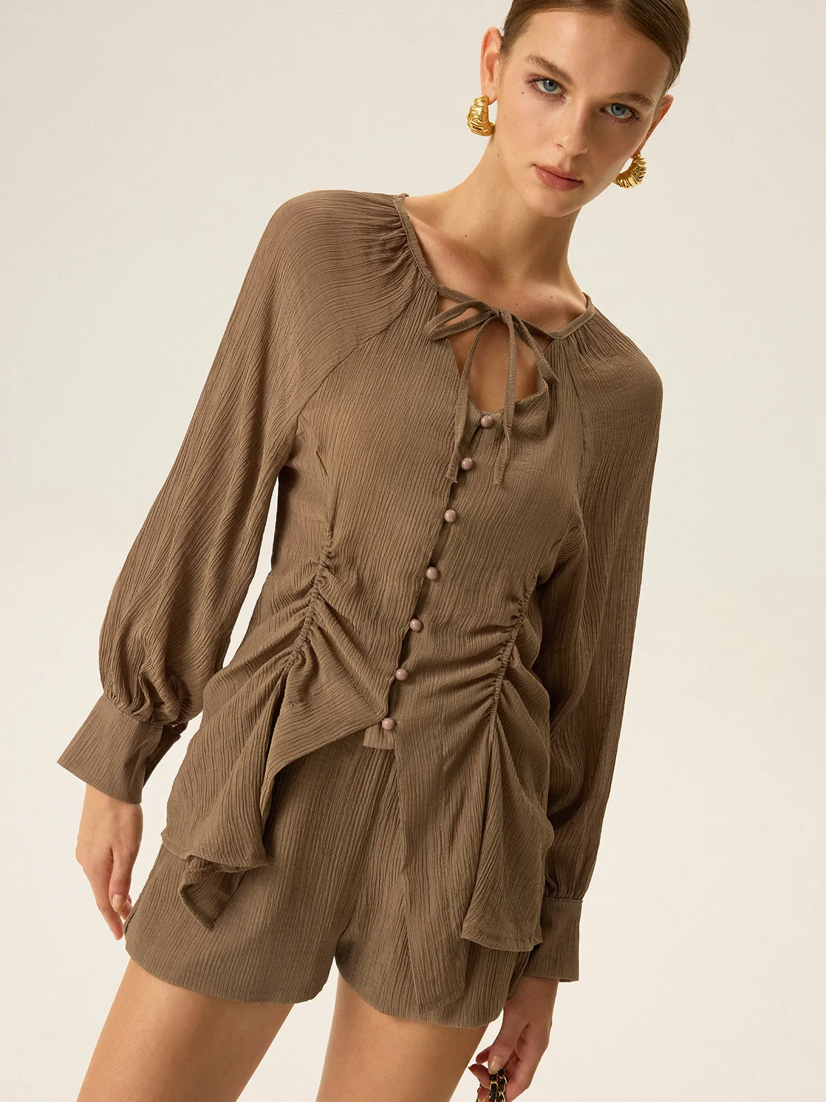 Ruched V-Neck Textured Shorts Set sold by COMMENSE product image thumbnail 4