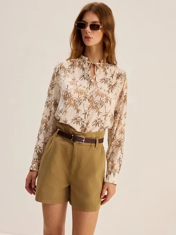Leaf Printed Tie-Neck Rayon Shirt sold by COMMENSE