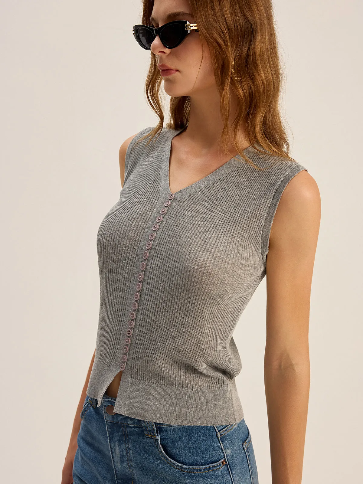 Ribbed V-Neck Button-Front Knit Vest sold by COMMENSE product image thumbnail 5