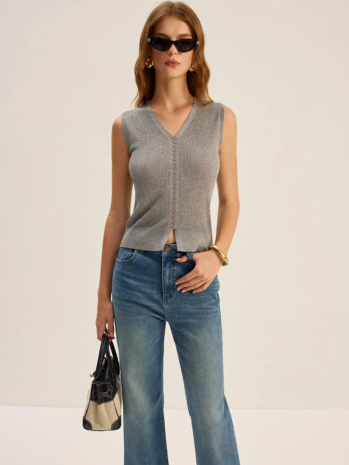 Ribbed V-Neck Button-Front Knit Vest sold by COMMENSE product image thumbnail 2