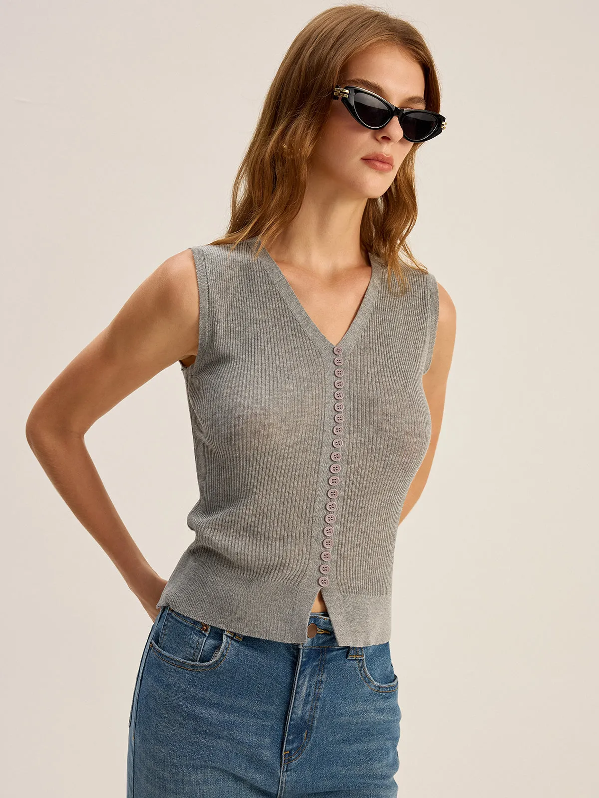 Ribbed V-Neck Button-Front Knit Vest sold by COMMENSE