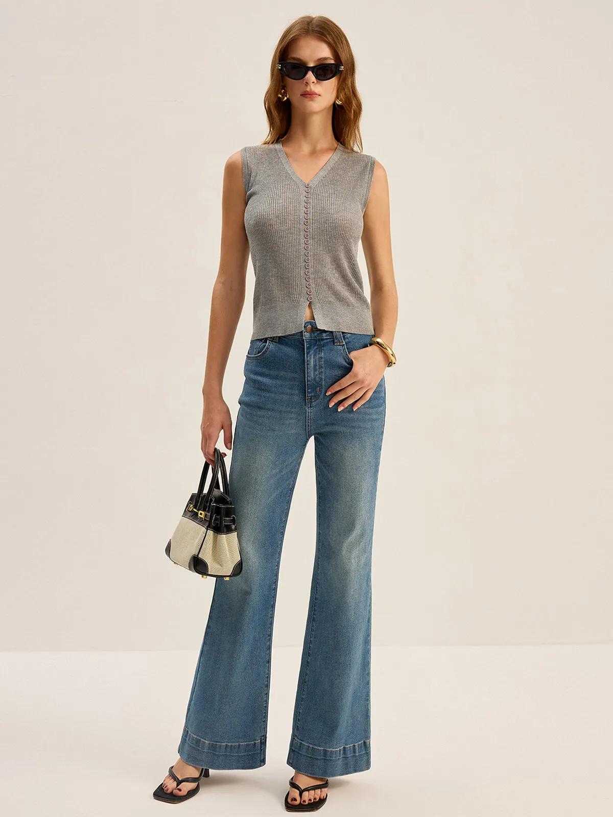 Ribbed V-Neck Button-Front Knit Vest sold by COMMENSE product image thumbnail 4