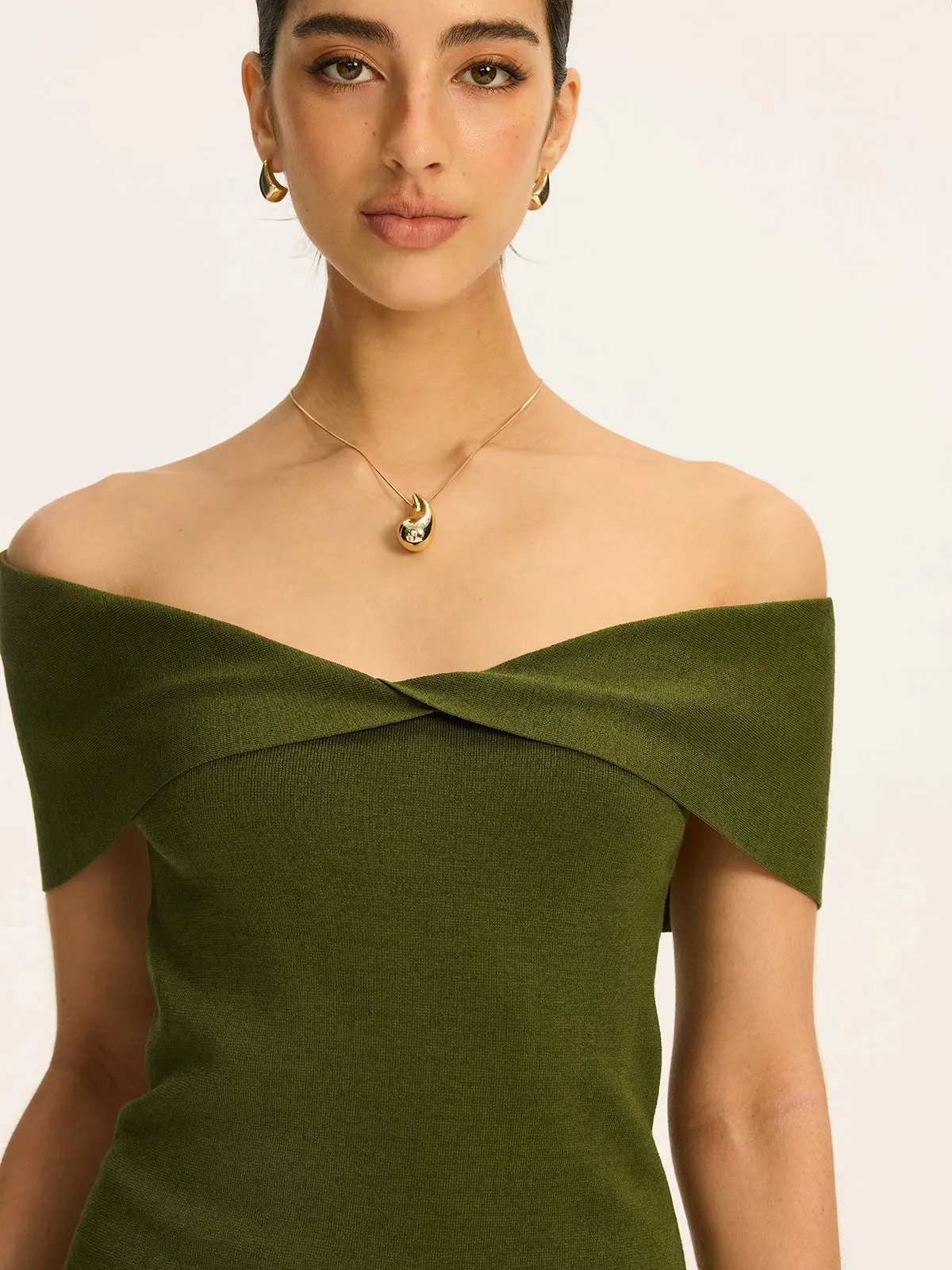 Off-Shoulder Twist-Front Knit Top sold by COMMENSE product image thumbnail 4