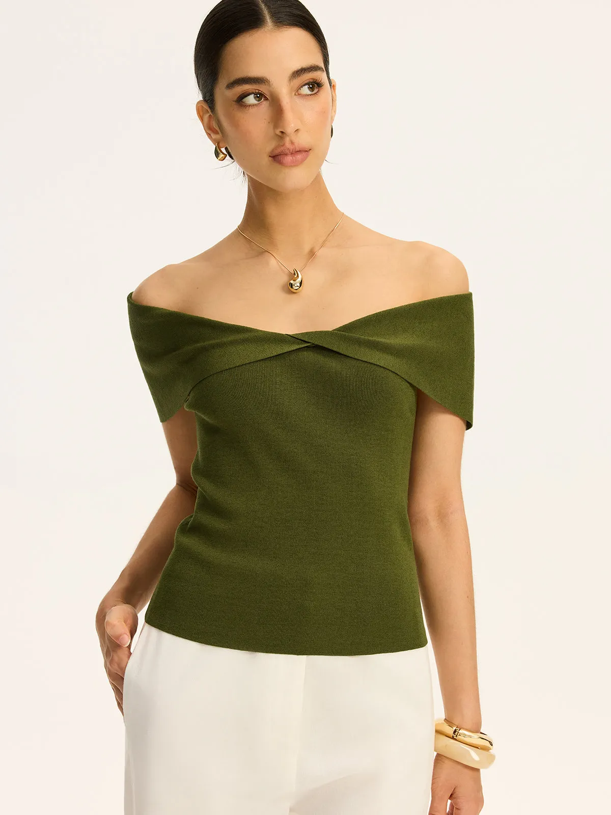 Off-Shoulder Twist-Front Knit Top sold by COMMENSE product image thumbnail 3