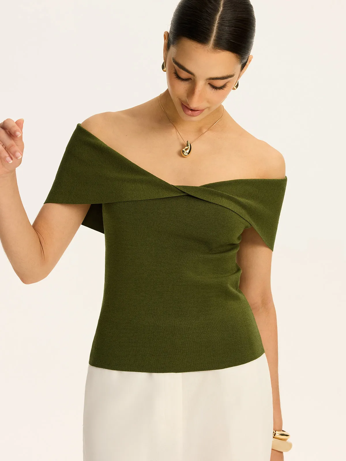 Off-Shoulder Twist-Front Knit Top sold by COMMENSE product image thumbnail 2