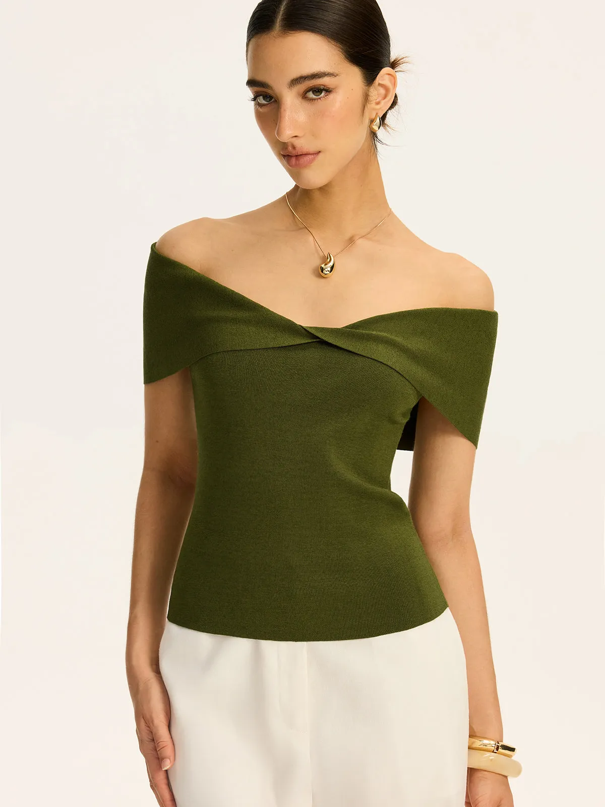 Off-Shoulder Twist-Front Knit Top sold by COMMENSE