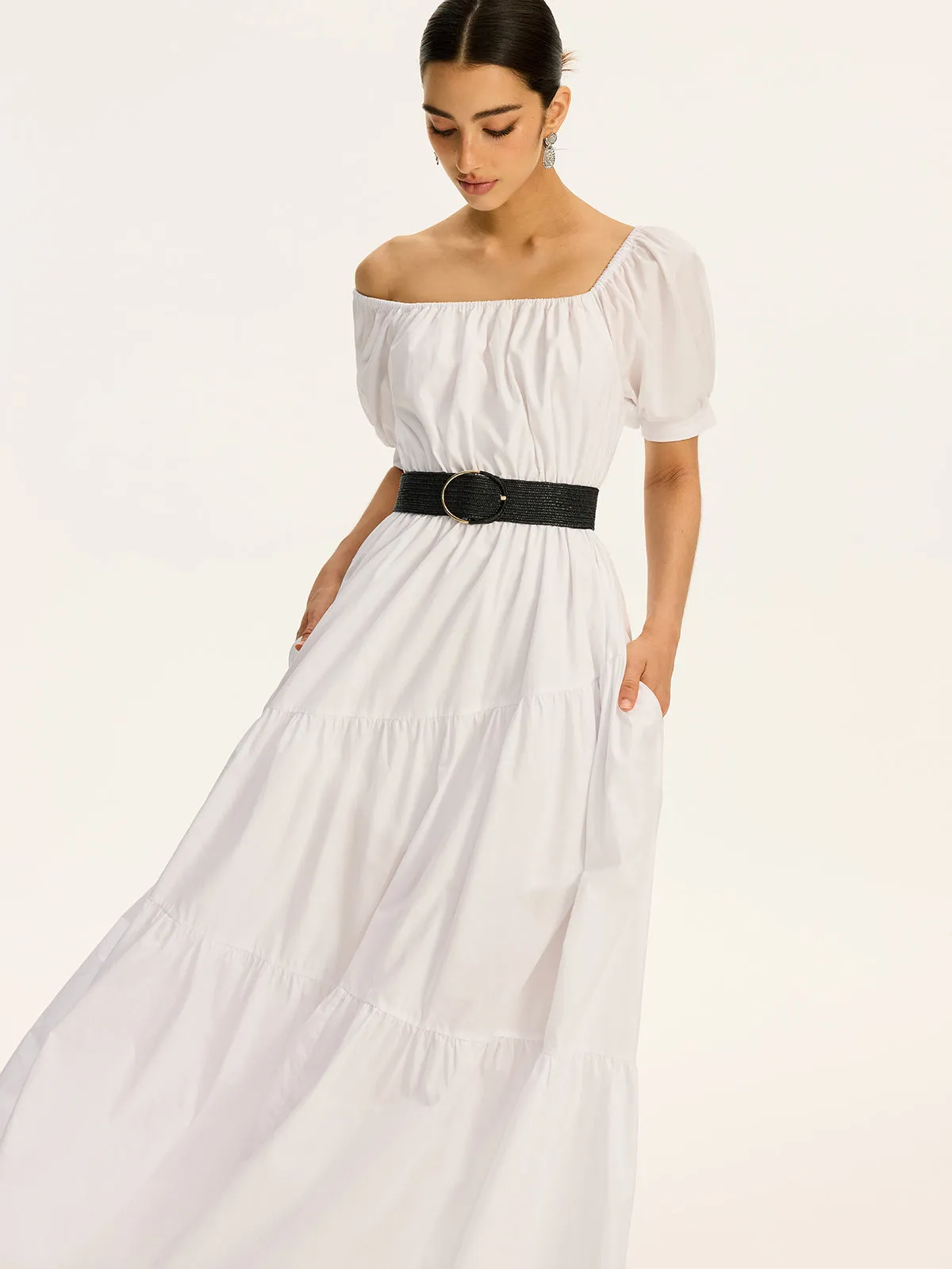Cotton Off-Shoulder Short-Sleeve Maxi Dress sold by COMMENSE product image thumbnail 4